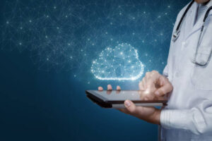 Doctor works with cloud storage on a mobile device.
